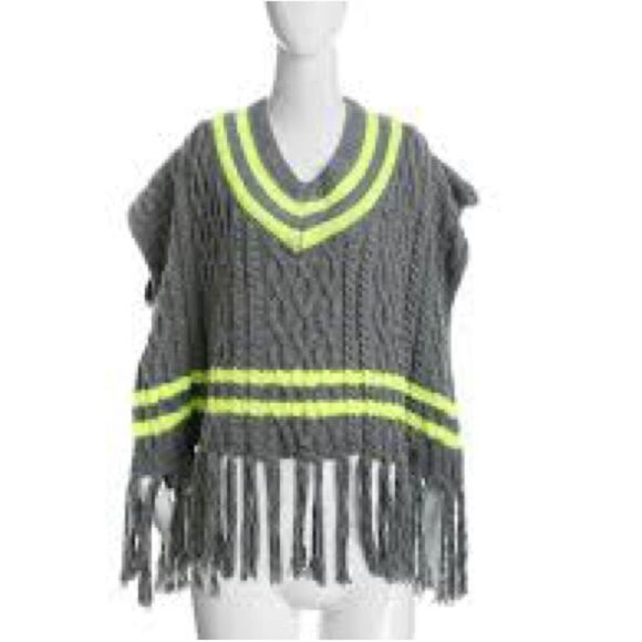Steve Madden Womens Neon Stripe Fringe Knit Poncho Sweater OS Gray Fall Winter - Picture 2 of 9